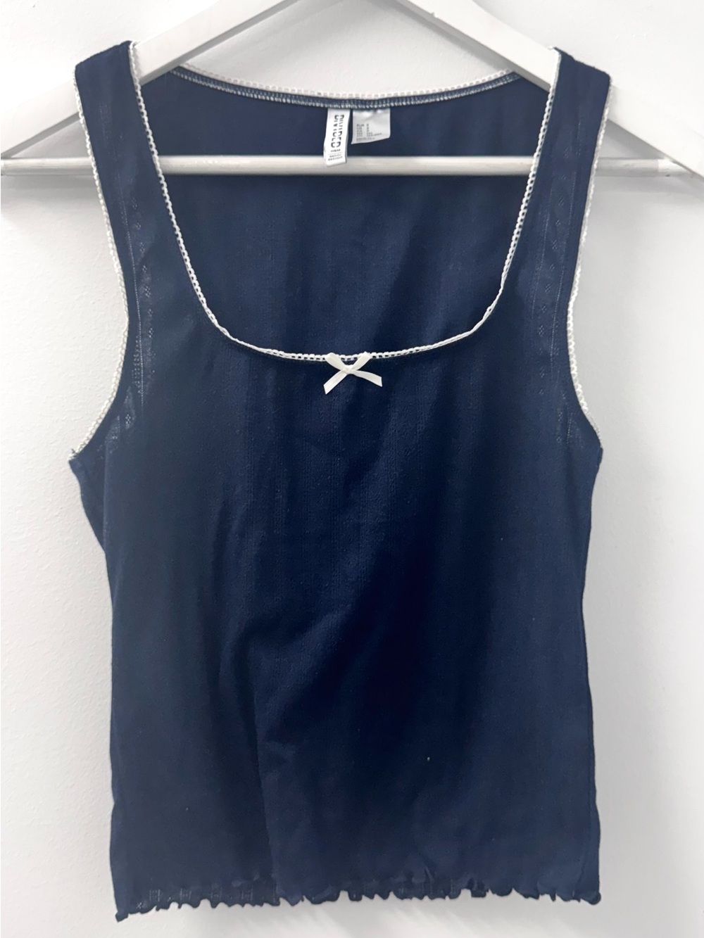 Navy Blue Sleeveless Top White Trim Bow Detail